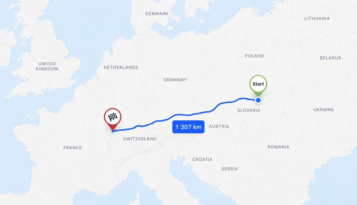 Trasa Humenné – Zürich, 1 307 km