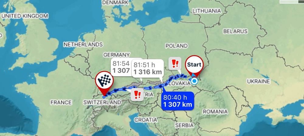 Trasa Humenné – Zürich, 1 307 km